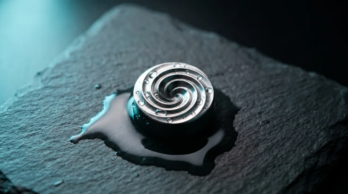 Illustrative macro image: a single vortex treatment tip resting on a wet dark surface under one cool light.